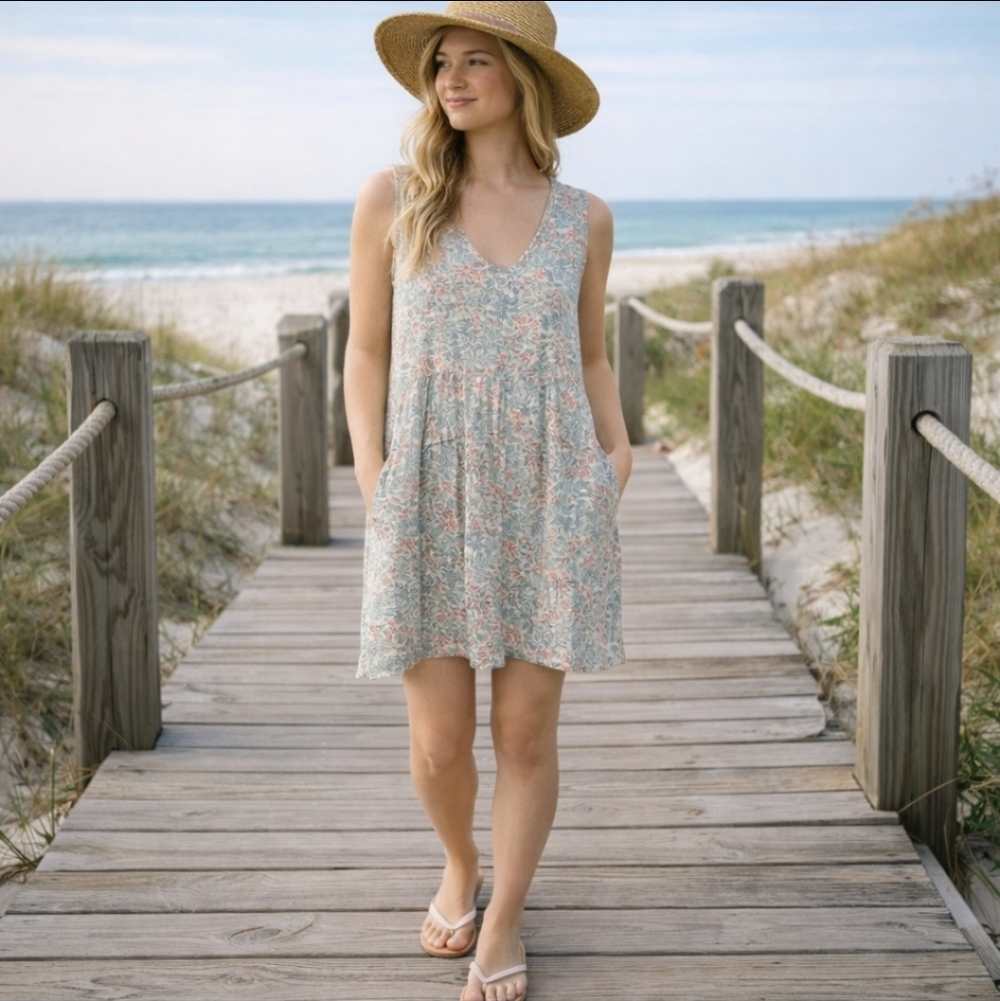 Joie 100% Linen Pastel Floral Sleeveless Tiered Babydoll V Neck Dress Sz M
